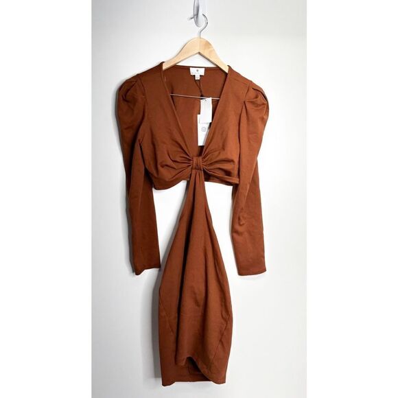 SocialiteâDress Womens Cut Out Puff Sleeve Bodycon Mini Brownâ Size LargeâNWT - Picture 2 of 6